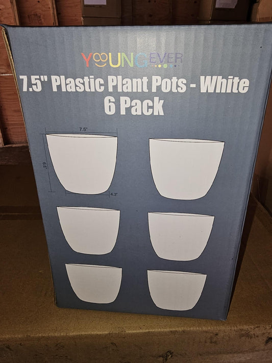 7.5" Plastic Plant Pots - White 6 Pack