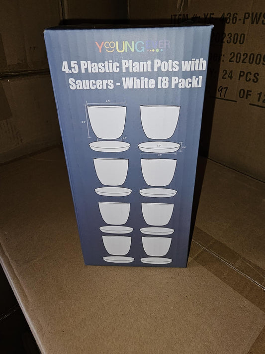 8 Pack 4.5" Plastic Plant Pots with Saucers - White